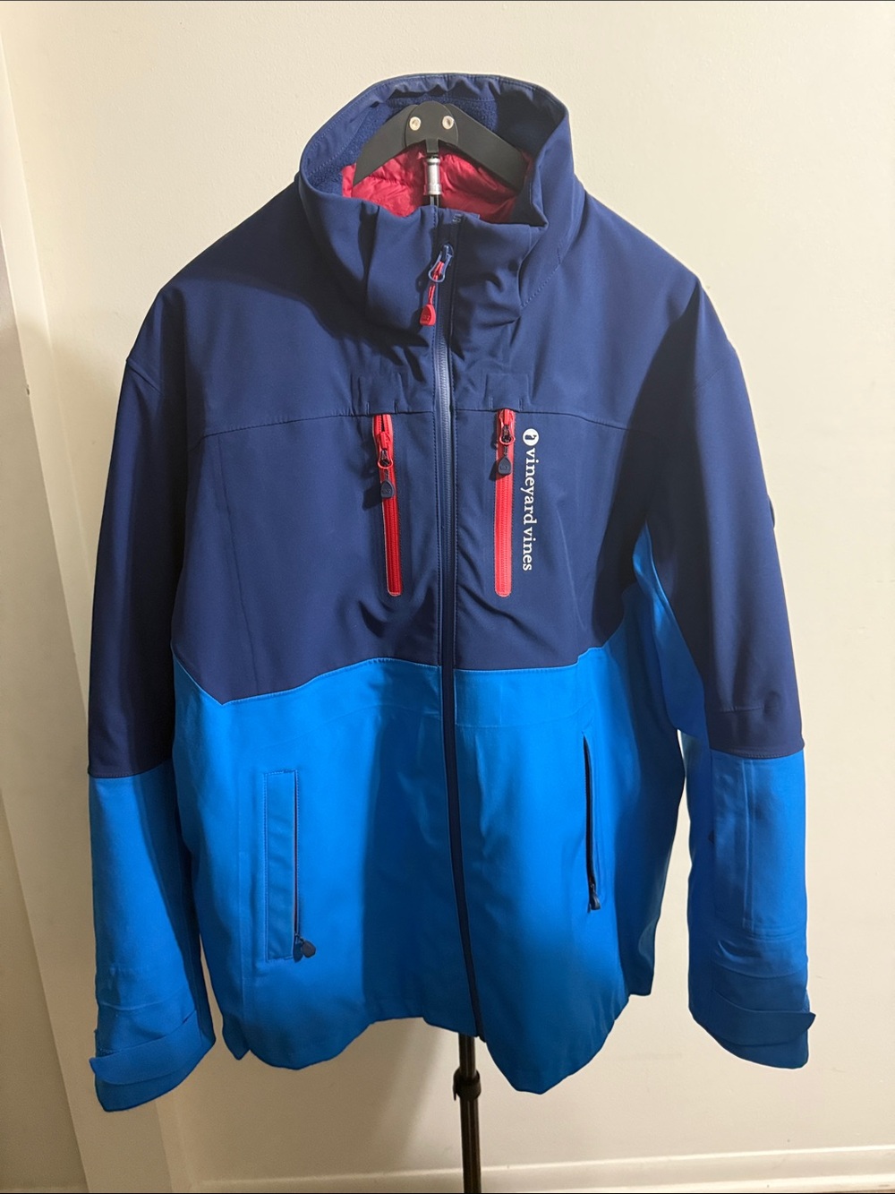 Vineyard Vines Navy and Bright Blue Hooded Shell Jacket with Red Zippers